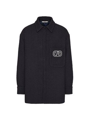 Men's Cotton And Viscose Tweed Shirt Jacket With Vlogo Signature Patch - Navy - Size Medium