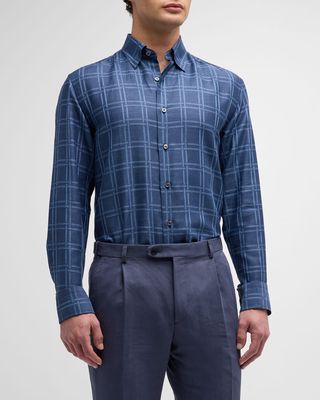 Men's Cotton-Linen Basketweave-Print Sport Shirt