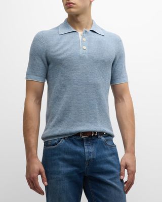 Men's Cotton-Linen Melange Ribbed Polo Shirt