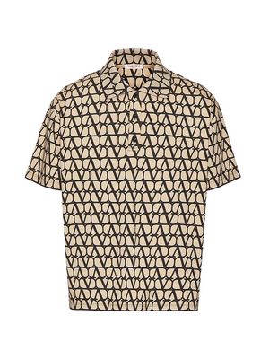 Men's Cotton Polo Shirt With Toile Iconograph Print - Beige Black - Size Small