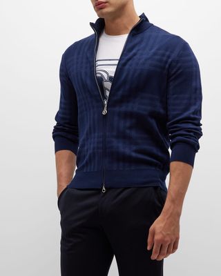 Men's Cotton-Silk Plaid Full-Zip Sweater