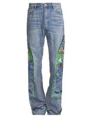 Men's Cowboy Embroidered Five-Pocket Jeans - Sky - Size 28