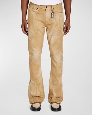 Men's Crinkle-Effect Khaki Denim Flare Jeans
