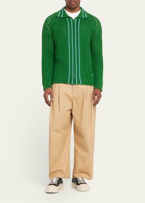 Men's Crochet Full-Zip Collared Cardigan