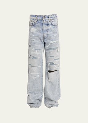 Men's Crystal-Embellished Repaired Baggy Jeans