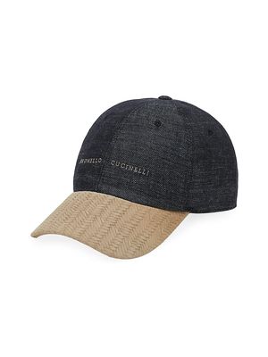 Men's Denim Effect Linen And Suede Baseball Cap With Embroidery - Black - Size XXS