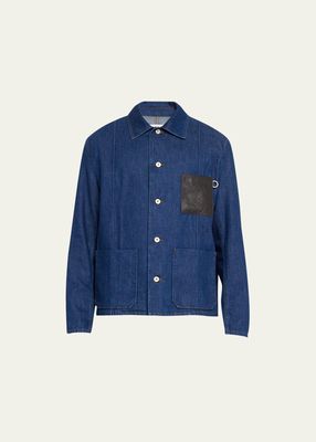 Men's Denim Leather Anagram Workwear Jacket