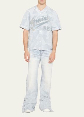 Men's Denim Patchwork Baseball Shirt