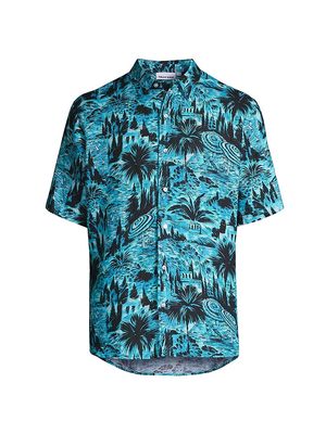 Men's Desert Tropical Print Linen Short-Sleeve Shirt - Blue - Size Small - Blue - Size Small