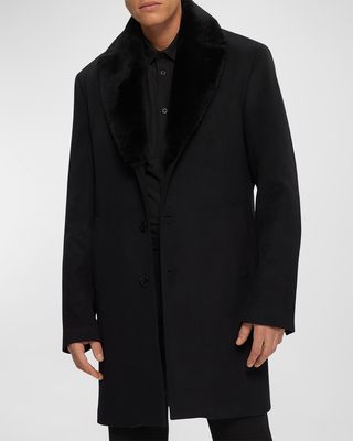Men's Detachable Lamb Shearling Collar Single-Breasted Wool Coat