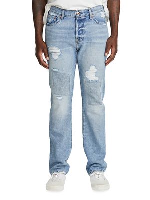 Men's Distressed Straight-Leg Jeans - Vintage Blue Repair - Size 28 - Vintage Blue Repair - Size 28