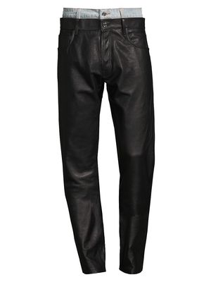 Men's Double Waistband Leather-Denim Pants - Black Light Blue - Size 28 - Black Light Blue - Size 28