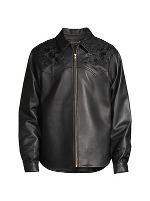 Men's Drop Top Floral-Embroidered Leather Shirt - Black - Size Small