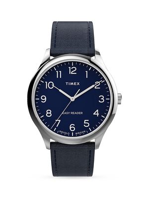 Men's Easy Reader Leather Strap Watch - Blue Silver Tone - Blue Silver Tone