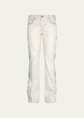 Men's Ecru Cotton Flare Jeans with Turquoise Details