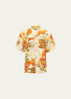 Men's Ecru Silk Orange Floral Print Kimono Shirt