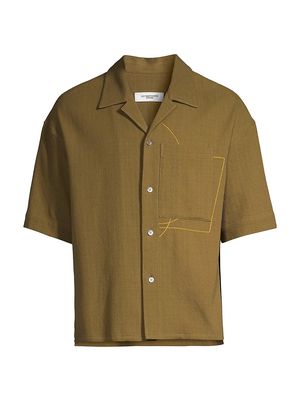 Men's Embroidered Cotton Shirt - Khaki - Size 36 - Khaki - Size 36