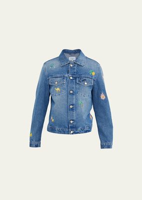 Men's Embroidered Motif Denim Trucker Jacket