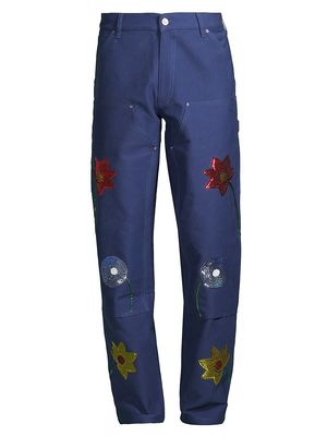 Men's Embroidered Workwear Cargo Jeans - Blue - Size Small - Blue - Size Small
