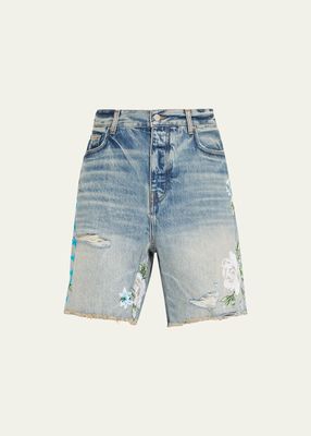 Men's Faded Embroidered Floral Denim Shorts