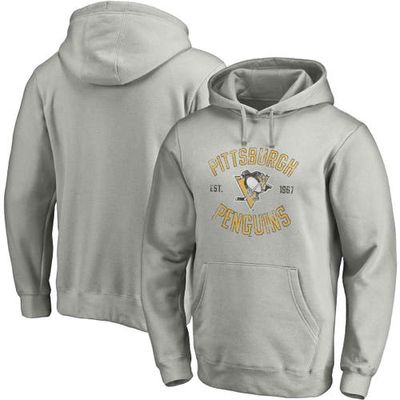 Men's Fanatics Branded Heather Gray Pittsburgh Penguins Heritage Fitted Pullover Hoodie