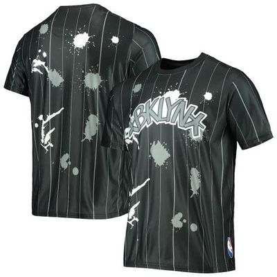 Men's FISLL Black Brooklyn Nets Striped Splatter T-Shirt