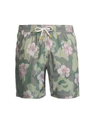 Men's Floral Army Print Swim Shorts - Army - Size Small - Army - Size Small