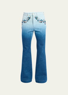 Men's Floral Embroidered Flared Gradient Jeans