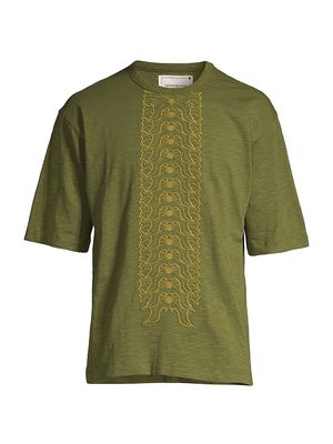 Men's Floral Embroidered T-Shirt - Green - Size Small - Green - Size Small