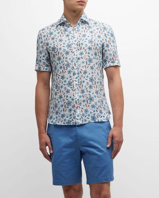 Men's Floral-Print Linen Short-Sleeve Shirt