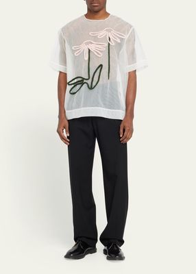 Men's Flower Embroidered Tulle Overlay Shirt