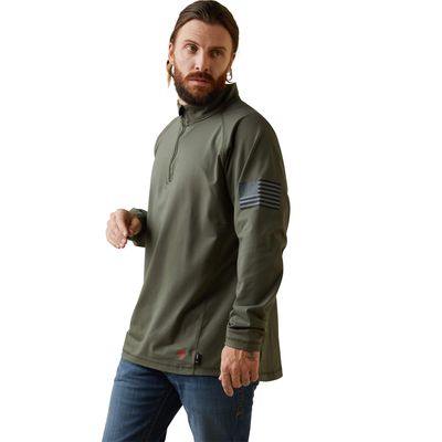 Men's FR Combat Stretch Patriot 1/4 Zip Work Shirt in Dark Sage Cotton, Size: Large_Tall by Ariat