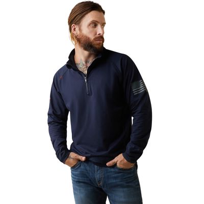 Men's FR Combat Stretch Patriot 1/4 Zip Work Shirt in Navy Cotton, Size: Large_Tall by Ariat