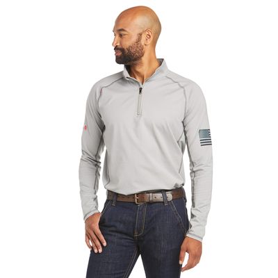 Men's FR Combat Stretch Patriot 1/4 Zip Work Shirt in Silver Fox Cotton, Size: L-T by Ariat