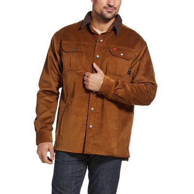 Men's FR DuraStretch Sherpa-lined Corduroy Shirt Jacket in Camel Cotton, Size: Small by Ariat