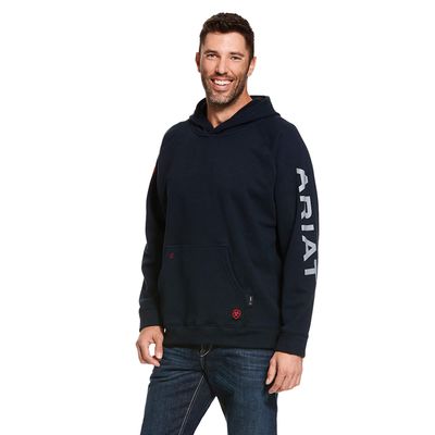 Men's FR Primo Fleece Logo Hoodie in Navy, Size: Small by Ariat