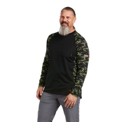 Men's FR Stretch Camo Baseball T-Shirt in Black Lime Camo, Size: Large_Tall by Ariat
