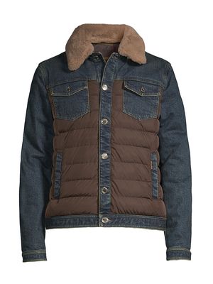 Men's Fur-Trimmed Denim Jacket - Caffe - Size 40