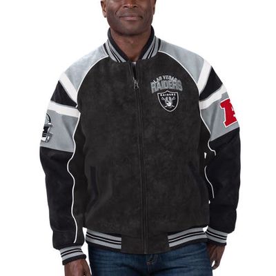 Men's G-III Sports by Carl Banks Black Las Vegas Raiders Faux Suede Raglan Full-Zip Varsity Jacket
