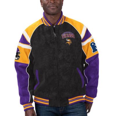 Men's G-III Sports by Carl Banks Black Minnesota Vikings Faux Suede Raglan Full-Zip Varsity Jacket