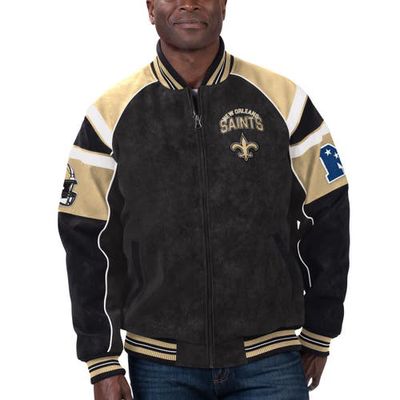 Men's G-III Sports by Carl Banks Black New Orleans Saints Faux Suede Raglan Full-Zip Varsity Jacket