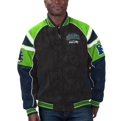 Men's G-III Sports by Carl Banks Black Seattle Seahawks Faux Suede Raglan Full-Zip Varsity Jacket