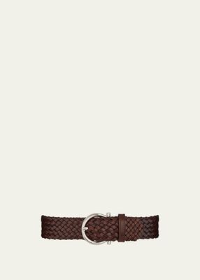 Men's Gancio-Buckle Woven Leather Belt
