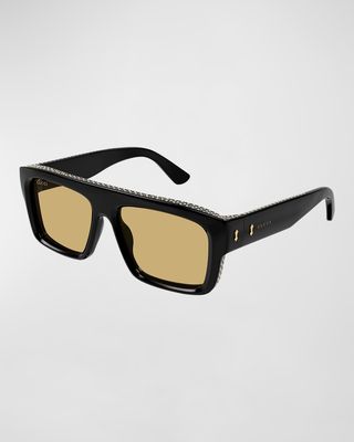 Men's GG1461Sm Acetate Rectangle Sunglasses with Crystals