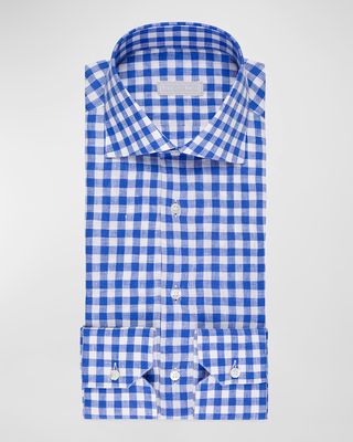 Men's Gingham-Print Linen Sport Shirt