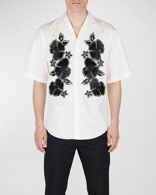 Men's Goth Embroidered Flower Camp Shirt