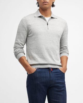 Men's Gray Melange Quarter-Zip Polo Knit Shirt