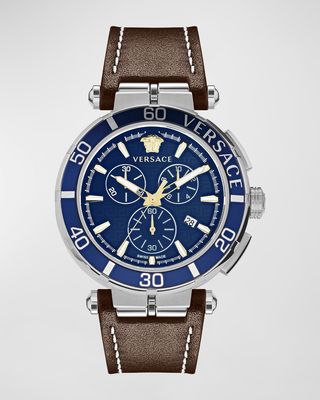 Men's Greca Chronograph Leather Strap Watch, 45mm