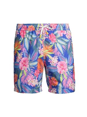 Men's Hawaiian Print Swim Shorts - Royal - Size Small - Royal - Size Small