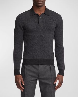 Men's Herringbone Cashmere Polo-Collar Sweater